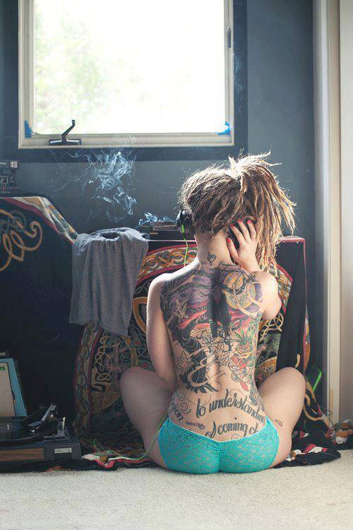 Hot tattoo sister in panty smoking weed picture