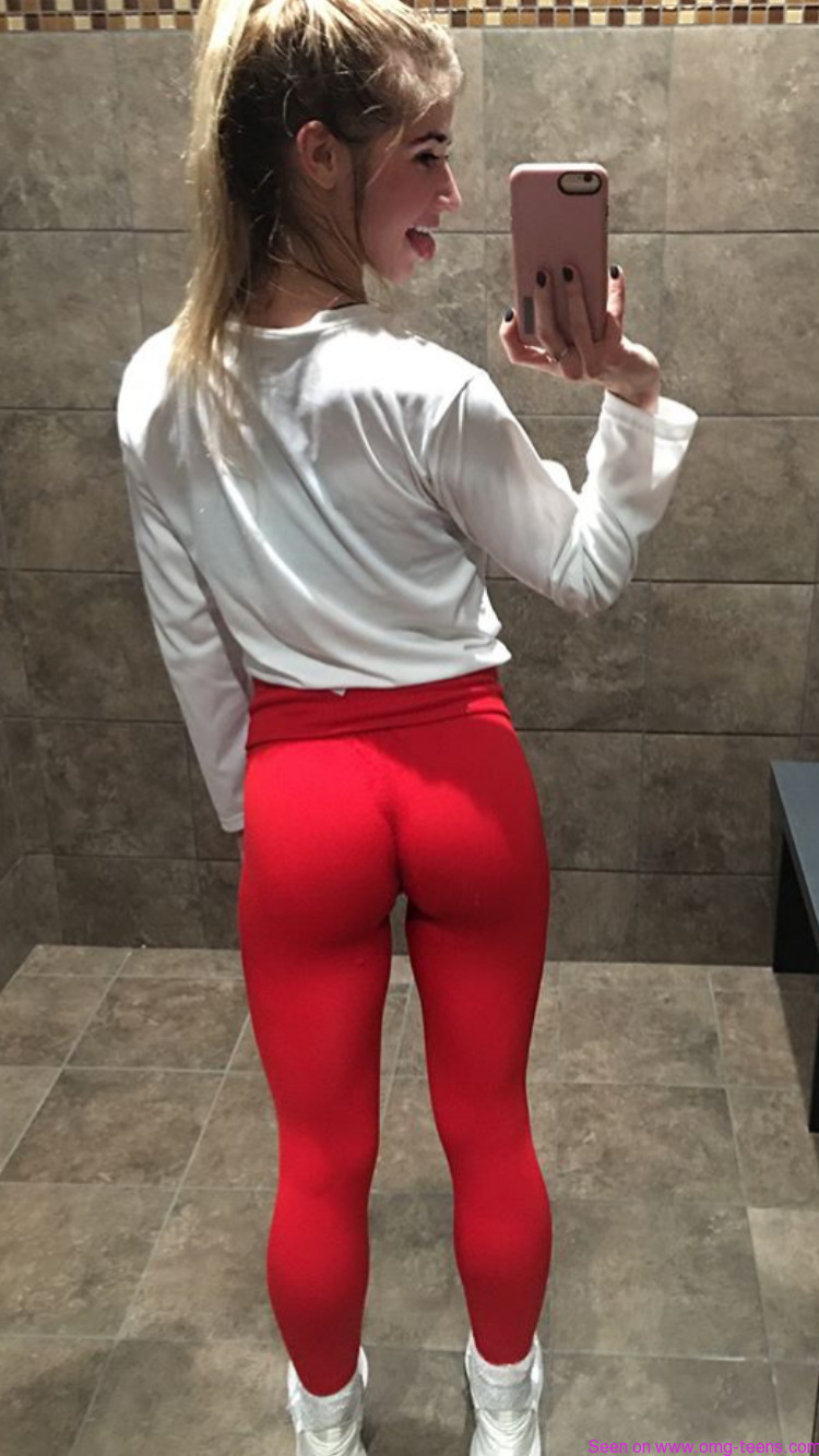 sexy brunette in red tight leggings picture