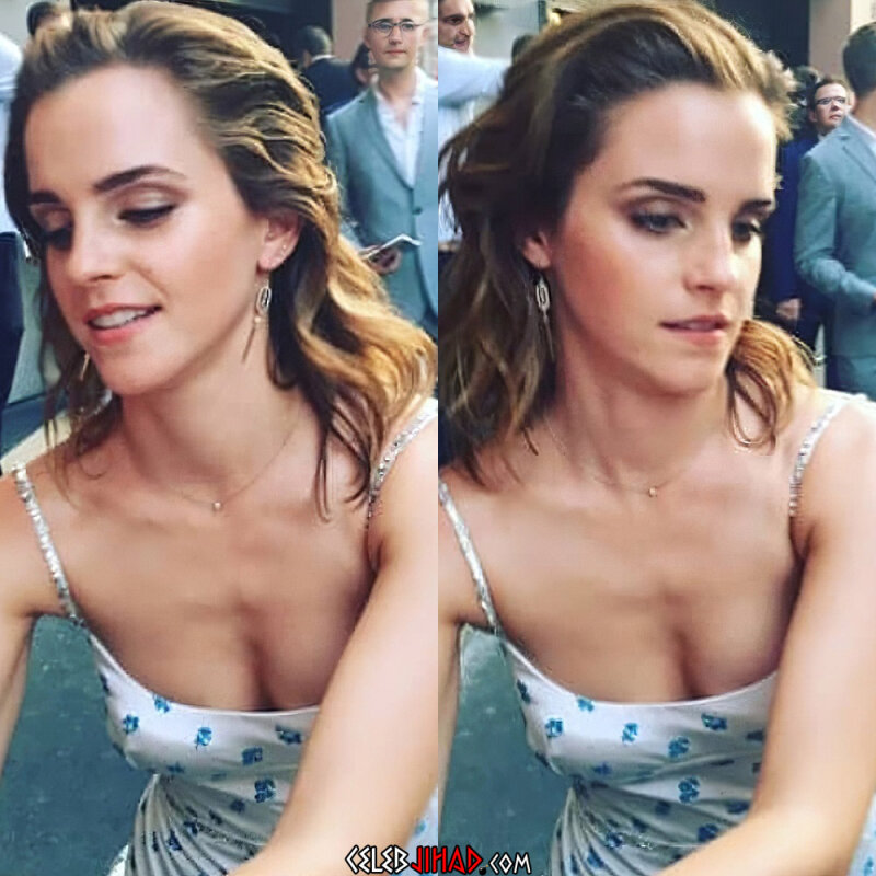 Emma Watson offers a nice view of the deep cleavage of her delicious little tits picture