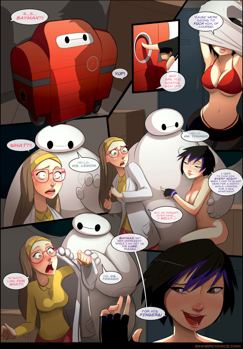 baymax big_hero_6 black_hair blonde_hair bra cleavage comic disney female glasses gogo_tomago green_eyes honey_lemon long_hair short_hair sillygirl speech_bubble undressing picture