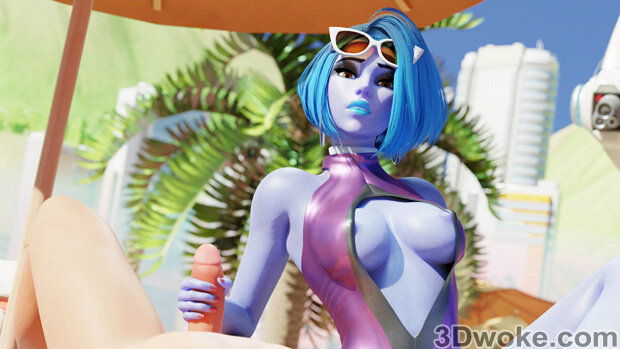 WIDOWMAKER - OVERWATCH - ALTERNATE HAIR COLOR, SKIMPY CLOTHES, PURPLE SKIN, BLUE HAIR, ALTERNATE COSTUME, BEACH, DISCKO WIDOWMAKER, VR, ALTE picture