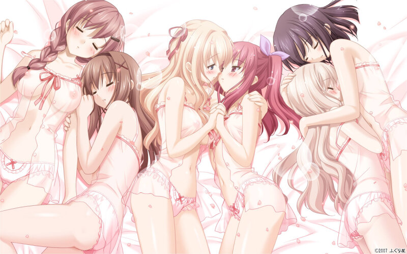 Beautiful drawing with 6 pretty chicks carressing in bed picture