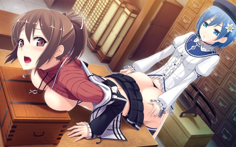 yamiyo ni odore kokuro nozomi (dişi) seiranden aoi tel-o 2girls eşek mavi gözler mavi saç göğüs presi göğüsler kahverengi gözlü kahverengi saç doggystyle oyunu cg genderswap saç süsü firkete şapka kapüşonlu parça ceket büyük göğüsler mini etek çoklu kızlar sütyen yok picture