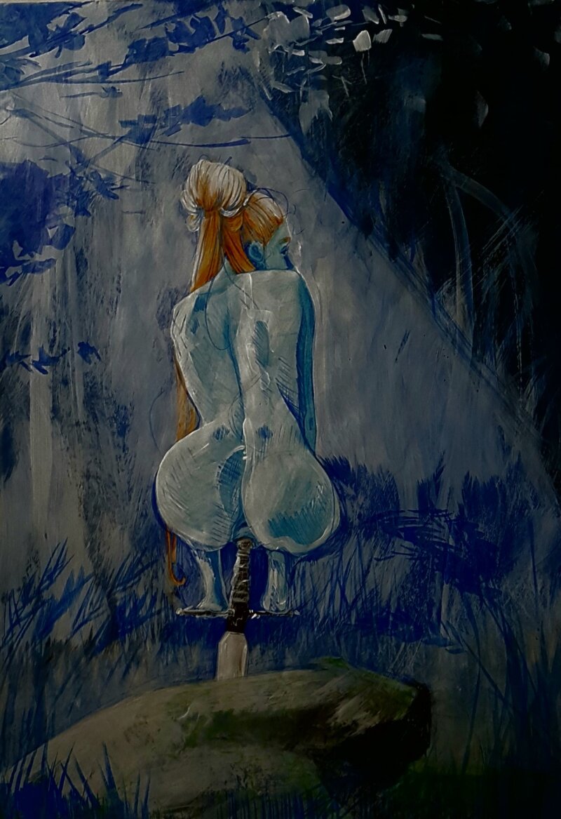 호수의 섹시한 빨간 머리 레이디는 뚱뚱한 수탉처럼 아서 왕의 검을 탄다. picture