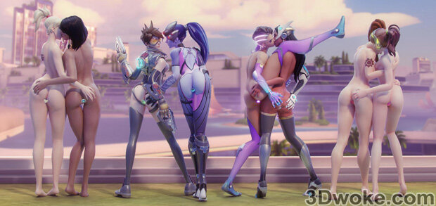 BRIGITTE, DVA, MERCY, NANO DVA, PHARAH, ROSE TRACER, SOMBRA, SYMMETRA, TRACER, WIDOWMAKER - OVERWATCH - BREASTS, KISSING, NUDE, THIGHHIGHS, picture