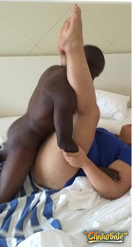 Chubby fat Blonde grabbing and gripping onto muscular Black man inside her picture