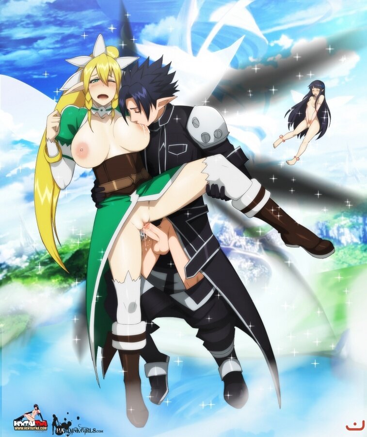 1boy 2girls black_hair blonde_hair 블러쉬 부츠 breast_sucking breasts cyberunique fairy flying green_eyes held_up kirito_ (sao-alo) large_breasts leafa leg_lift long_hair masturbation multiple_girls penis pointy_ears ponytail pussy_juice sex sword_art_onli picture