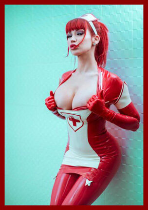 bare breasts in latex costume of a nurse picture