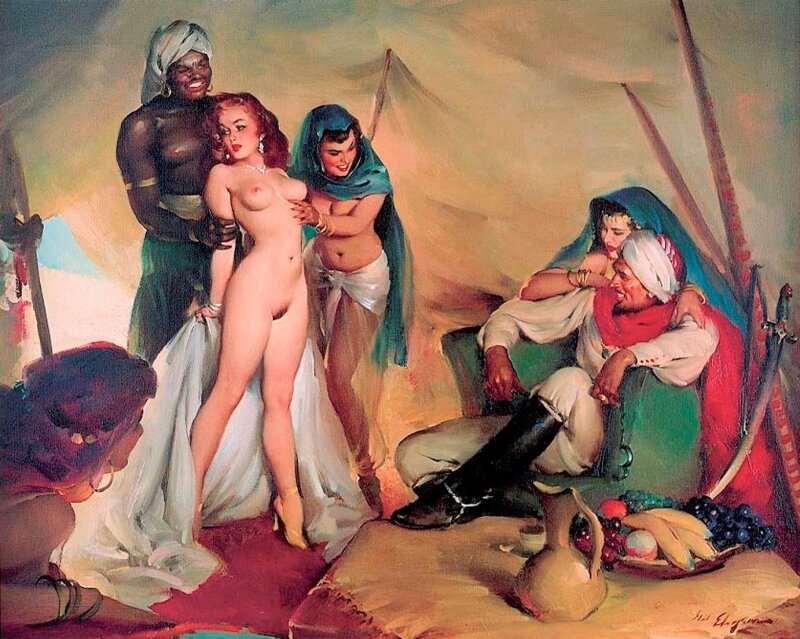 Brunette presents new redheaded slave to her master. ("Still Life" pinup painting by Gil Elvgren) picture