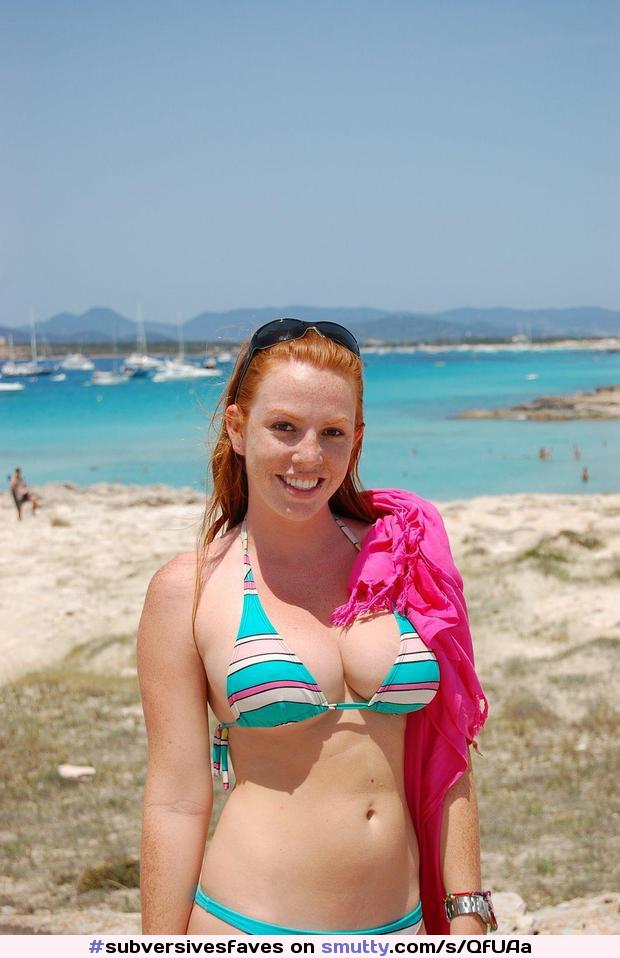 #beach #bikini #nn #nonnude #cleavage # redhead #freckles # ginger #sunglassesonhead #bigtits #epicboobs #nicerack #smile #ygwbt #stripes picture