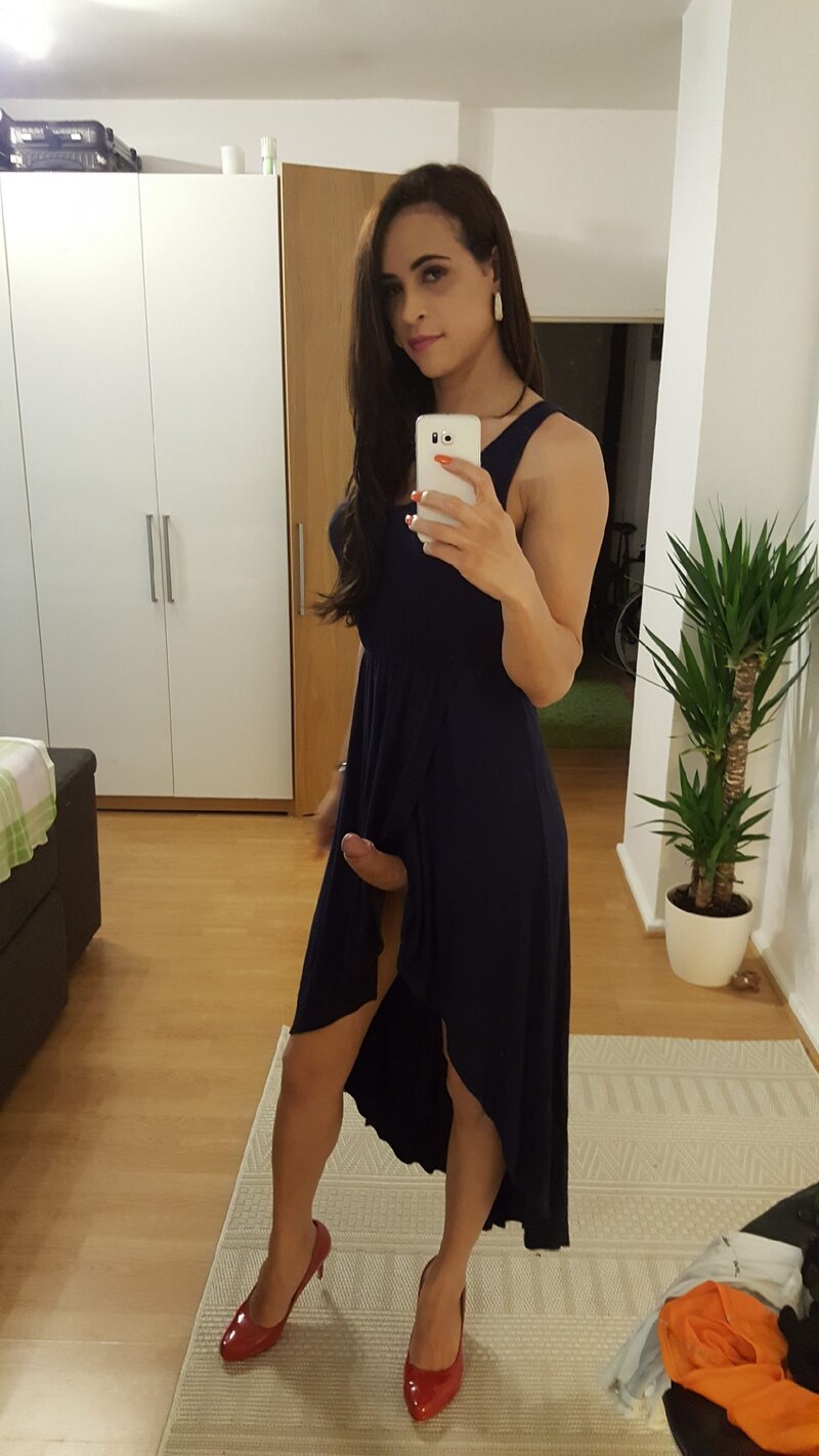 Gorgeous shemale wearing a dress showing her huge cock picture