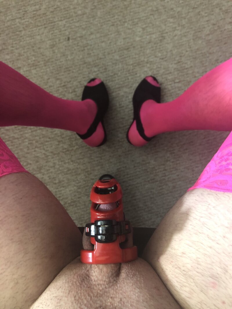 Caged sissy in amazing stockings and a pair of Carlos Santana shoes. picture