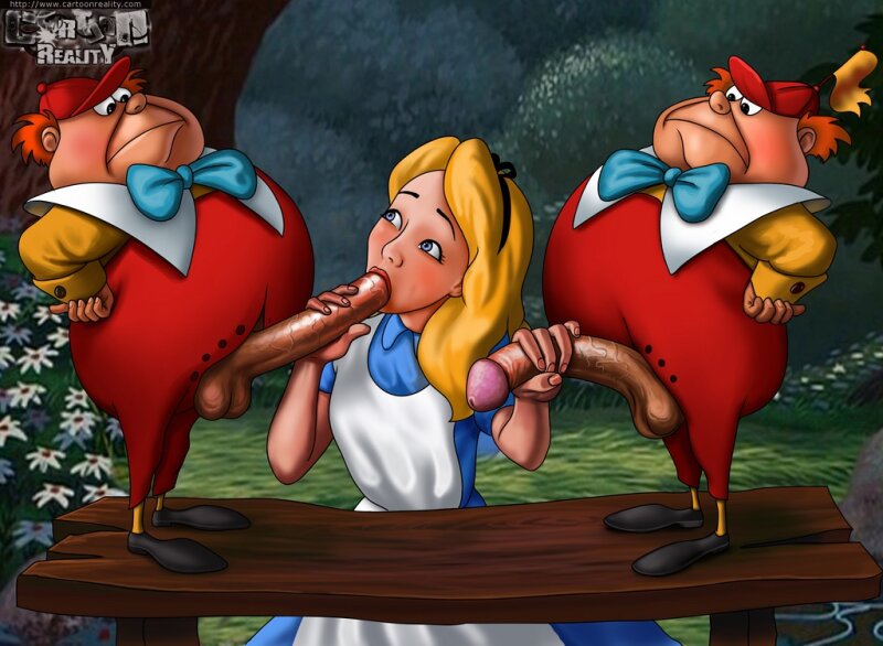 Slutty Alice in Wonderland sucking both Tweedledee and Tweedledum' s dicks picture