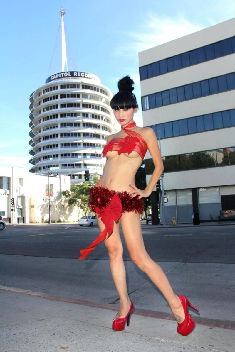 Bai Ling uses some ribbon and a well-placed wreath in front of the Capitol Records building on Thursday. picture
