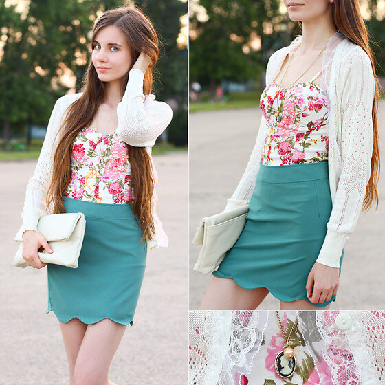 Ariadna Majewska - Zanzea Beige Lace Cardigan, Sheinside Floral Corset Top, Romwe Mint Skirt, Cameo The Label Retro Necklace, Vj Style White Clutch Bag - Roses picture