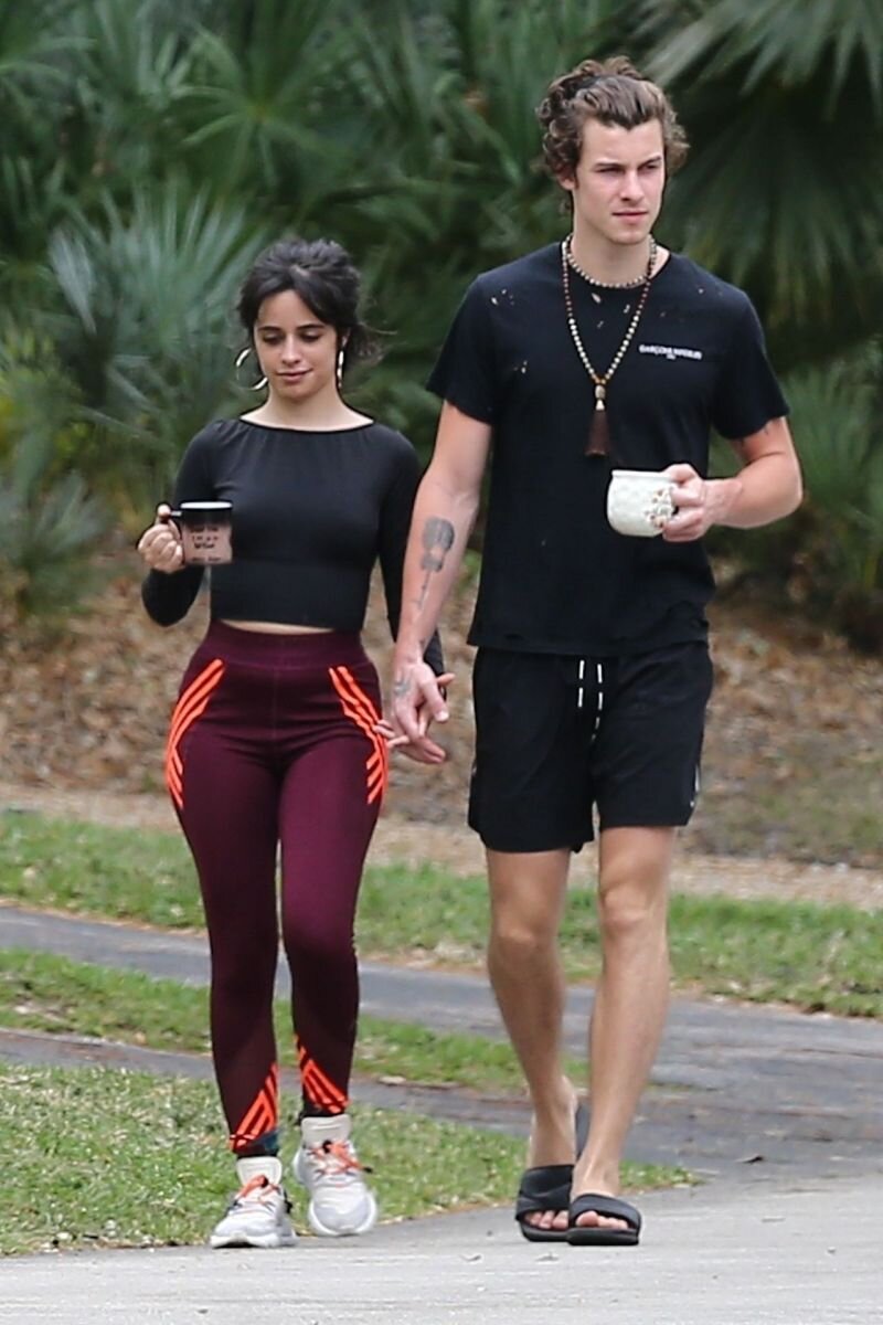 Camila Cabello and Shawn Mendes out walking holding hands with Camila going braless showing off her tits and sexy ass in workout wear seen b picture