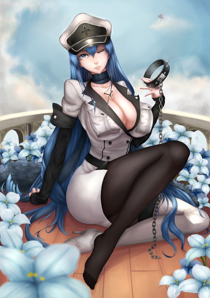 akame ga kill! esdeath kuro1905 high resolution very high resolution 1girl aqua eyes aqua hair blue eyes blue hair boots breasts chain choker cleavage cloud collar crossed legs flower hat large breasts legs long boots long hair looking at viewer military picture