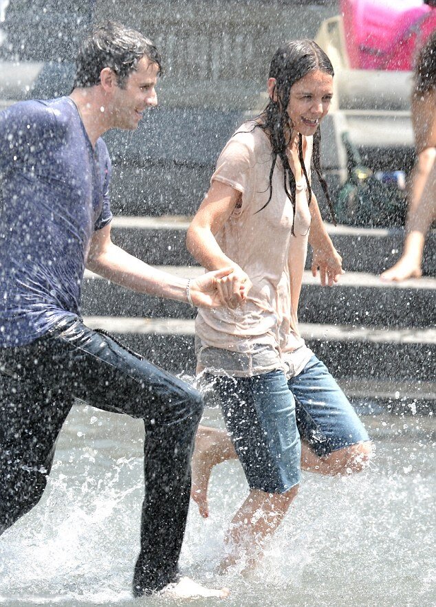 Katie Holmes Wet T-Shirt And See-Through Pokies At Water Fountain picture