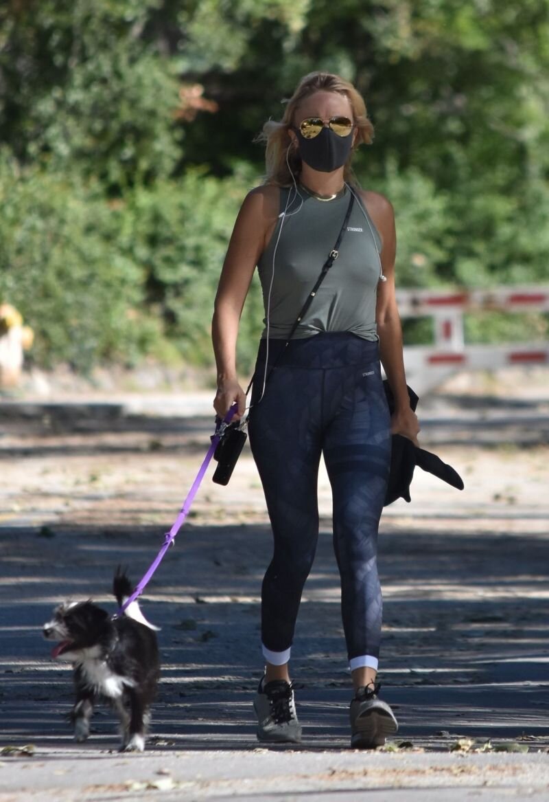 Malin Akerman braless boobs in a tank top showing off her big tits pokies seen by paparazzi while out walking her dog. picture