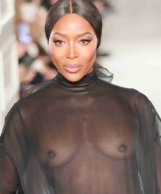 Naomi Campbell braless in see thru dress on Valentino fashion show Spring Summer 2019 Haute Couture Fashion Week UHQ picture