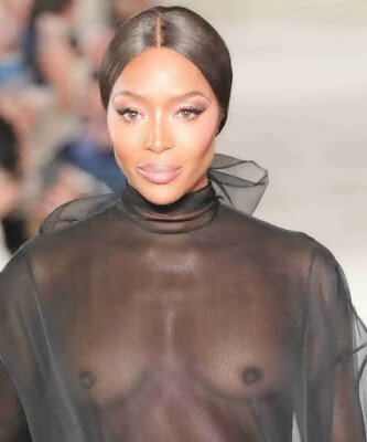 Naomi Campbell braless in see thru dress on Valentino fashion show Spring Summer 2019 Haute Couture Fashion Week UHQ picture