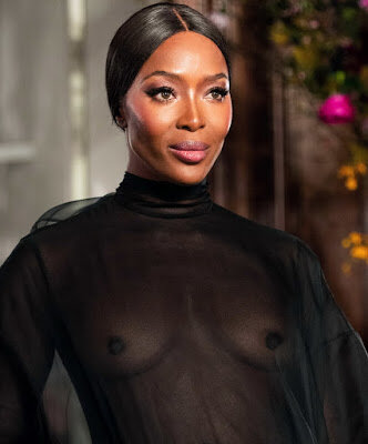 Naomi Campbell braless in see thru dress on Valentino fashion show Spring Summer 2019 Haute Couture Fashion Week UHQ picture