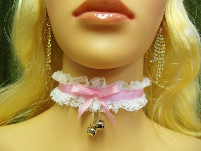 Choker Pink Satin White Lace Bells for Sissy picture