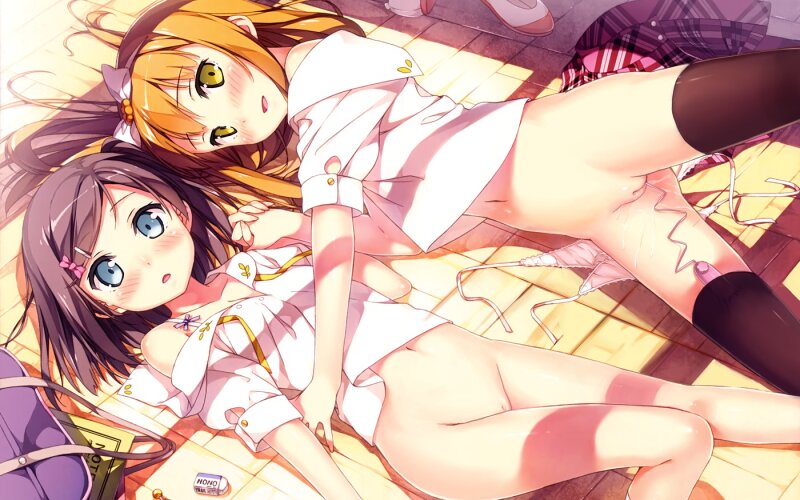 hentai ouji to warawanai neko tsutsukakushi tsukiko azuki azusa kantoku high resolution scan uncensored 16:10 aspect ratio photoshop decensored 2girls ass bag black hair black legwear blonde blue eyes blush bottomless bow cleft of venus discreet vibrator picture