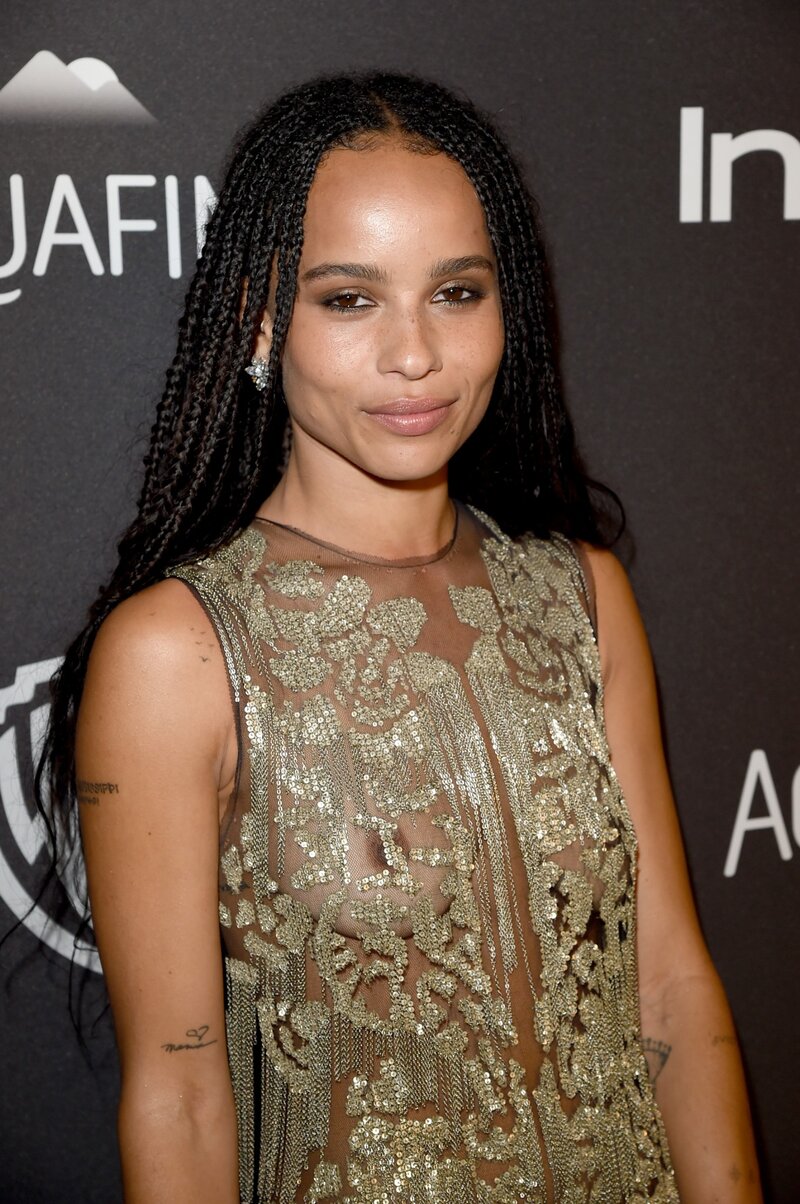 Zoe Kravitz in see through top showing nipples at golden globes awards post party. picture