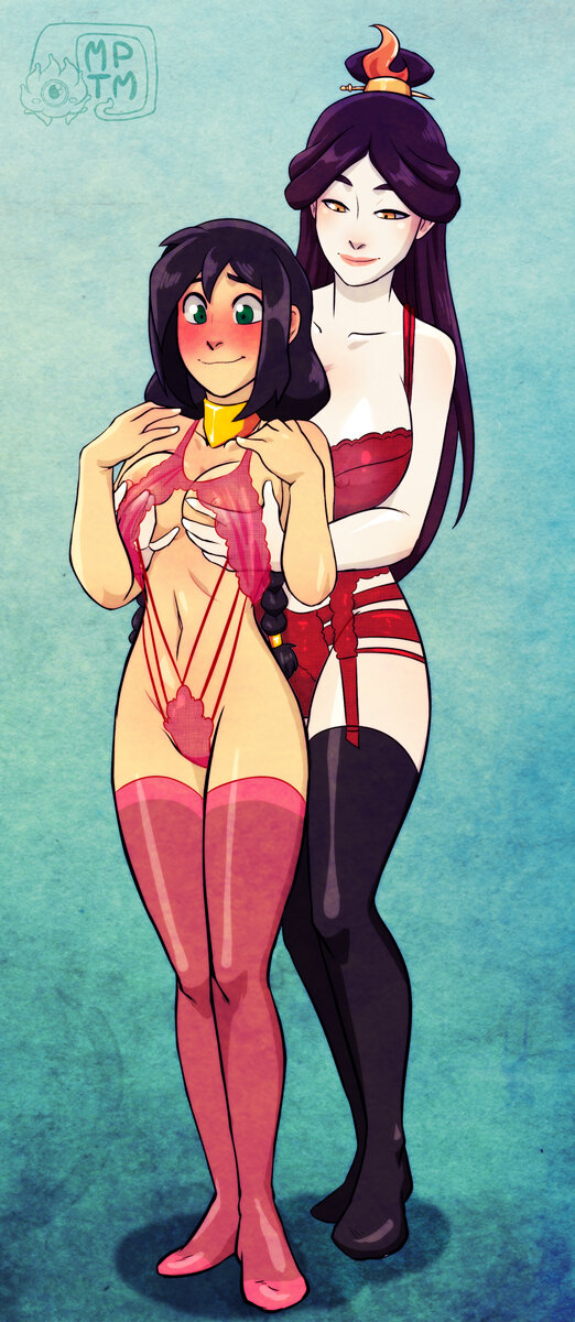2girls avatar: _the_last_airbender black_hair black_legwear blush breast_grab göğüsler choker commentary full-face_blush jarter_belt garter_straps grabbing_from_behind green_eyes height_difference highres jin_ (avatar) large_breasts iç çamaşırı dudakları li picture