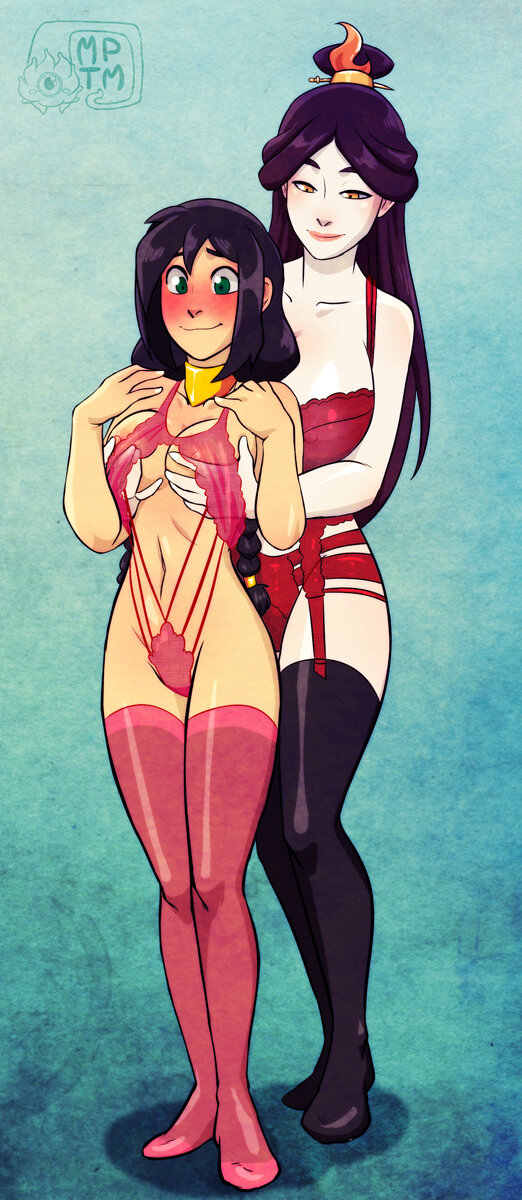 2girls avatar:_the_last_airbender black_hair black_legwear blush breast_grab breasts choker commentary full-face_blush garter_belt garter_straps grabbing grabbing_from_behind green_eyes height_difference highres jin_(avatar) large_breasts lingerie lips li picture