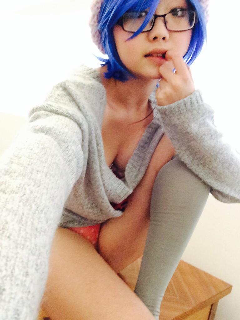Geek busty asian cosplay girl in glasses and blue hair picture