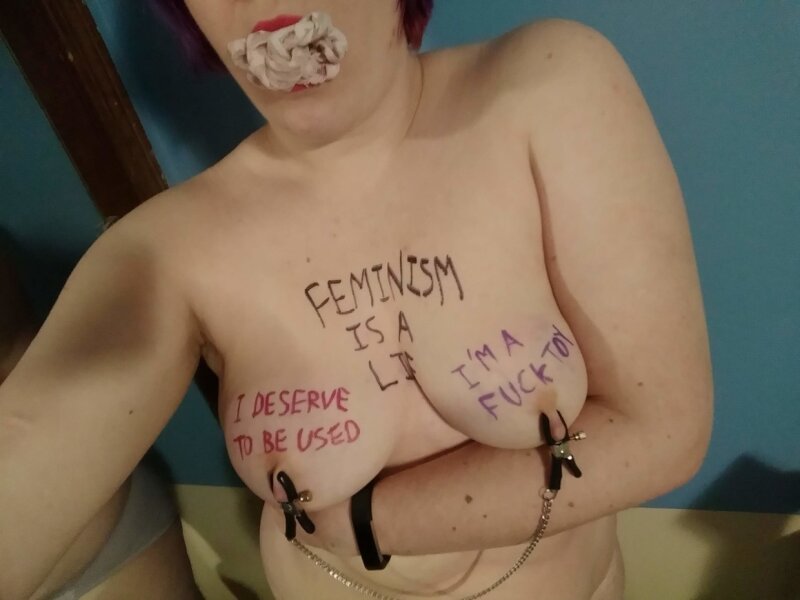 dirty panties in my mouth, words on my chest, and nipple clamps on picture