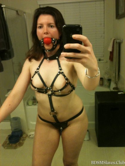 BDSM 셀카를 찍는 그녀의 입에 공 개그를 가진 복종하는 여자 picture